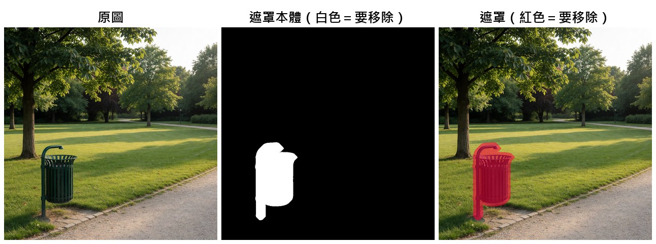 原圖、黑白遮罩、紅色疊在原圖上