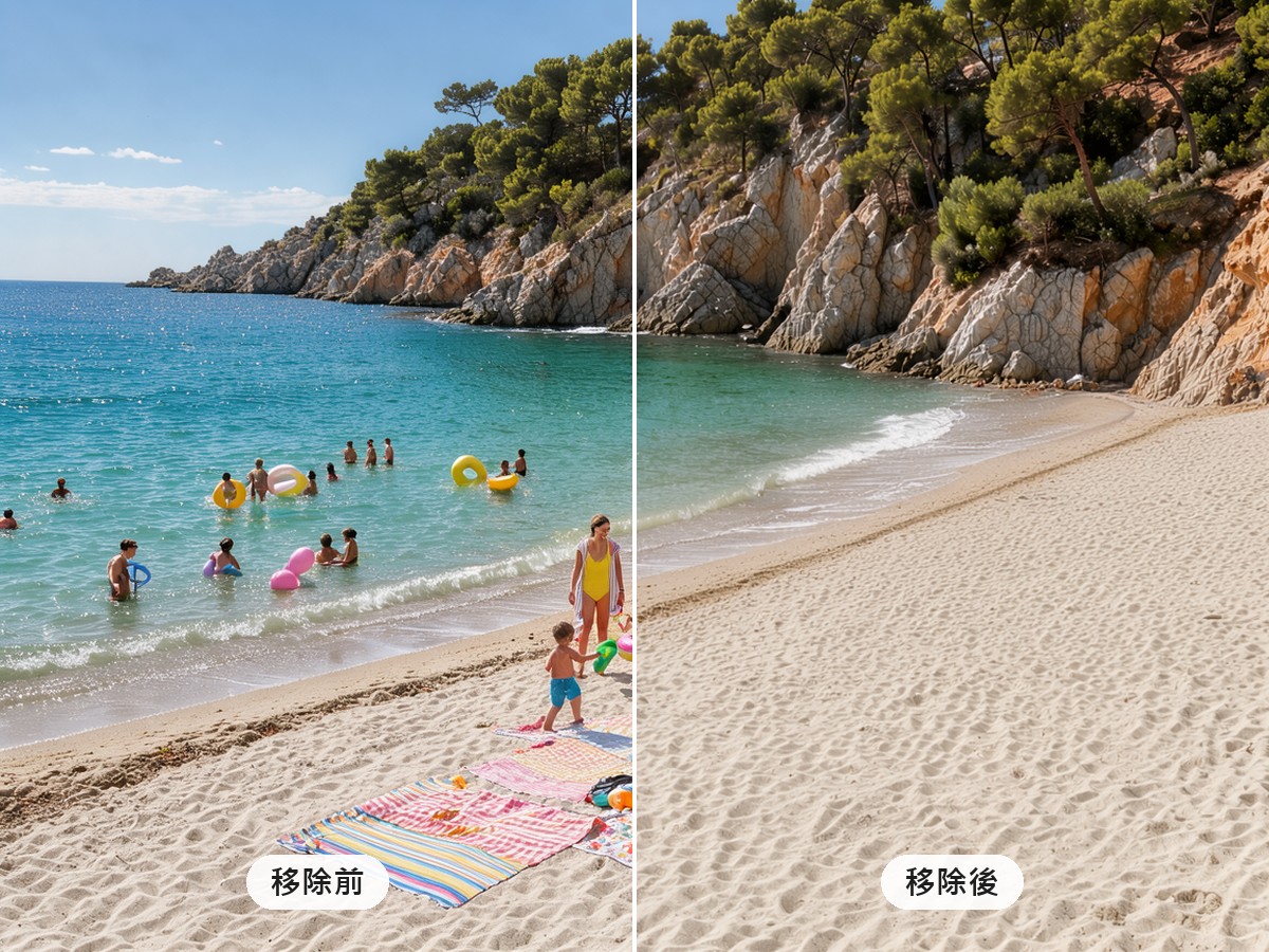 海灘上的遊客、陽傘與毛巾:左半是 Klein 3 生成的原圖,右半是它用一句話全部移除後的結果