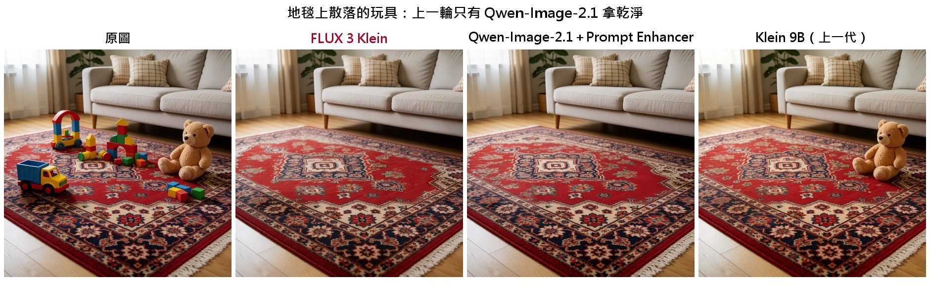 地毯上散落的玩具:四個模型對照