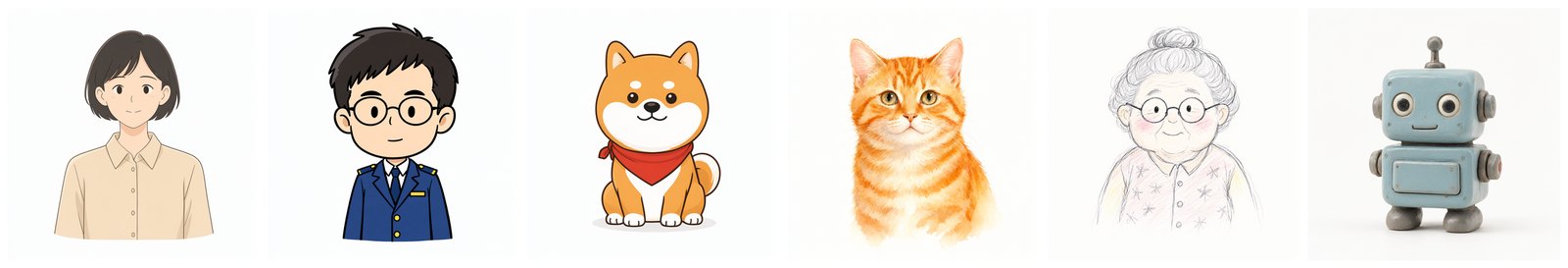 六個角色頭像:女上班族、男學生、柴犬、橘貓、老奶奶、小機器人