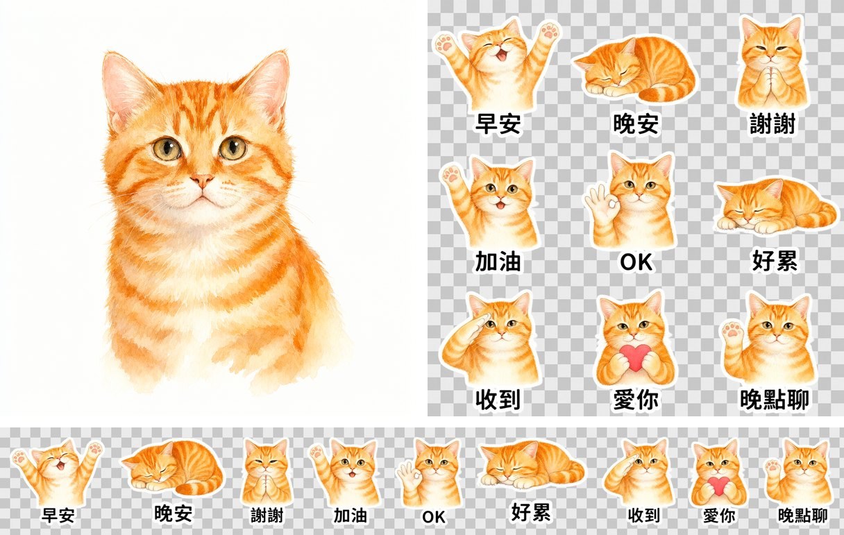 橘貓的透明貼圖:左邊頭像、右邊直接輸出的九宮格、下方切好的九張