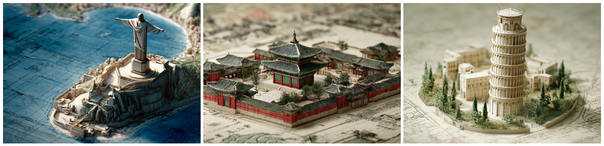 Statue of Liberty, Temple of Heaven, Leaning Tower of Pisa — 3D relief miniatures generated with MidJourney / 自由女神、天壇、比薩斜塔——MidJourney 生成的 3D 浮雕袖珍模型