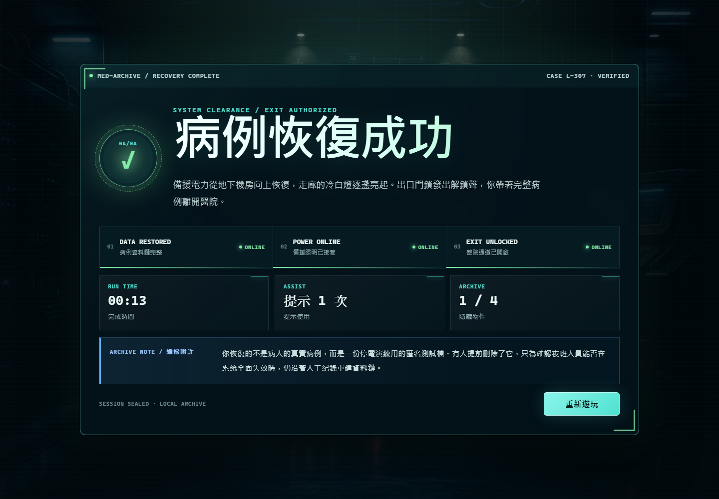 修復後的結局畫面 — 字形完整 / The victory screen after the CSS fix: full glyphs, no clipping