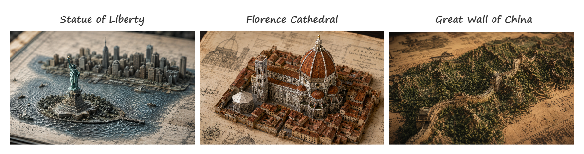 Statue of Liberty, Florence Cathedral, Great Wall of China — three of the 97 landmarks, generated with GPT Image 2 based on the tool's prompts / 自由女神、佛羅倫斯大教堂、萬里長城——97 個地標中的三個,使用工具產生的 prompt 再以 GPT Image 2 生成