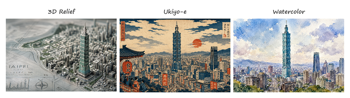 Taipei 101 in three styles: 3D Relief, Ukiyo-e, Watercolor — same prompt structure, completely different aesthetics. Generated with GPT Image 2 / 台北 101 的三種風格:3D 浮雕、浮世繪、水彩——同一套 prompt 結構,完全不同的視覺效果。以 GPT Image 2 生成