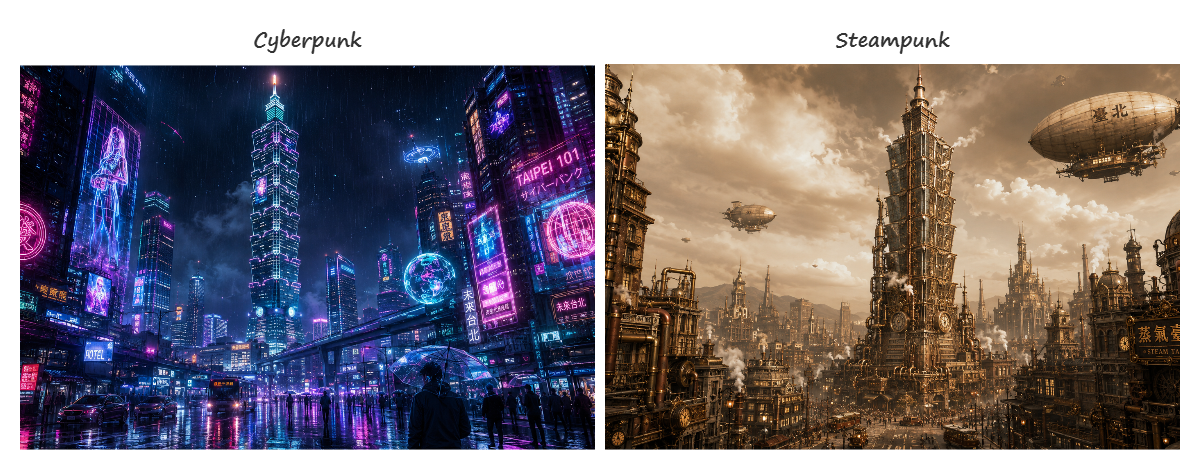 Taipei 101 in Cyberpunk and Steampunk styles. Generated with GPT Image 2 / 台北 101 的賽博龐克與蒸汽龐克風格。以 GPT Image 2 生成